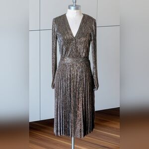 ✨ MSK Metallic Bronze Pleated Long Sleeves Midi Dress | Size S ✨